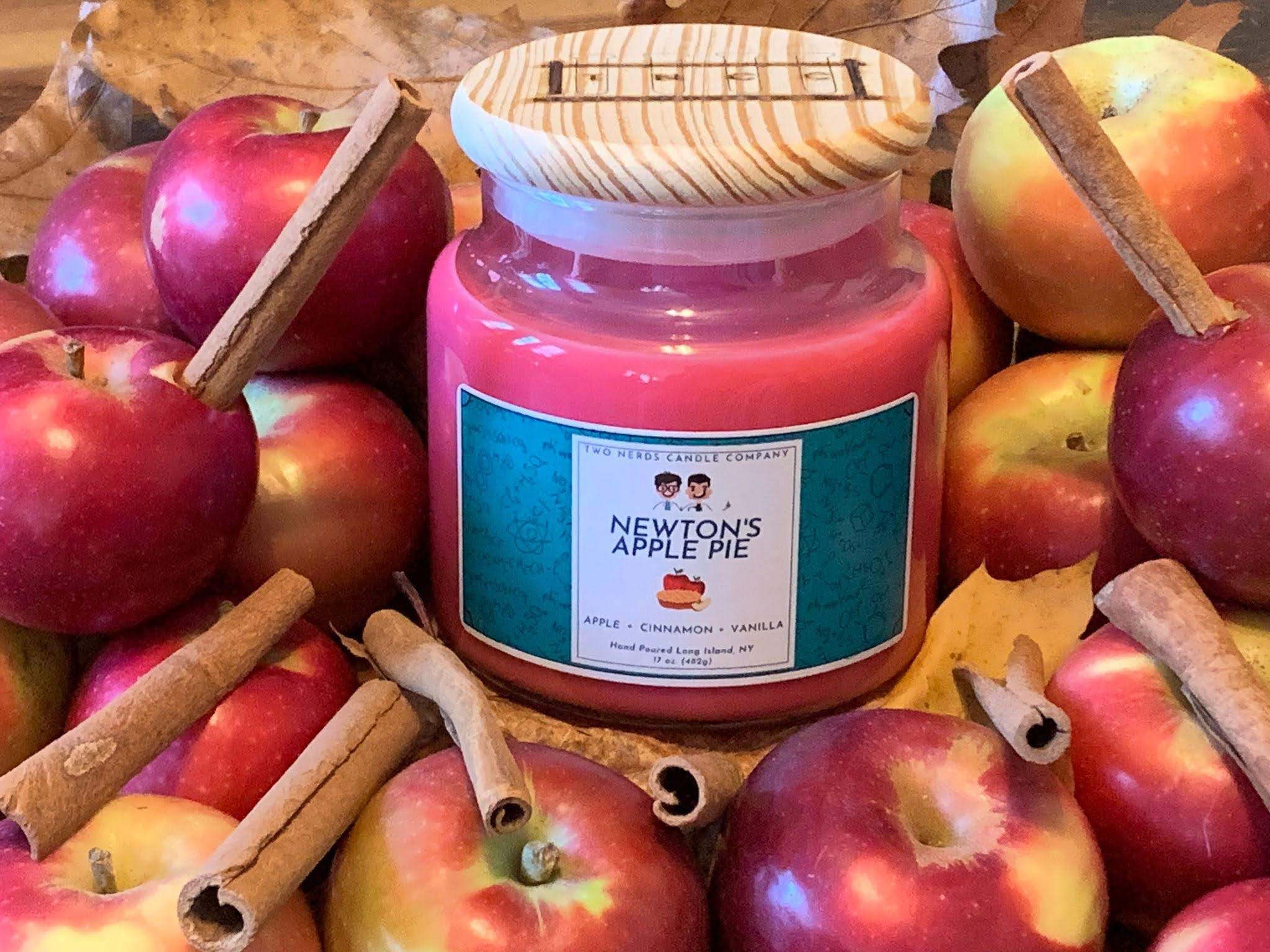 A cinnamon apple scented soy candle in red with apples and cinnamon sticks in the background