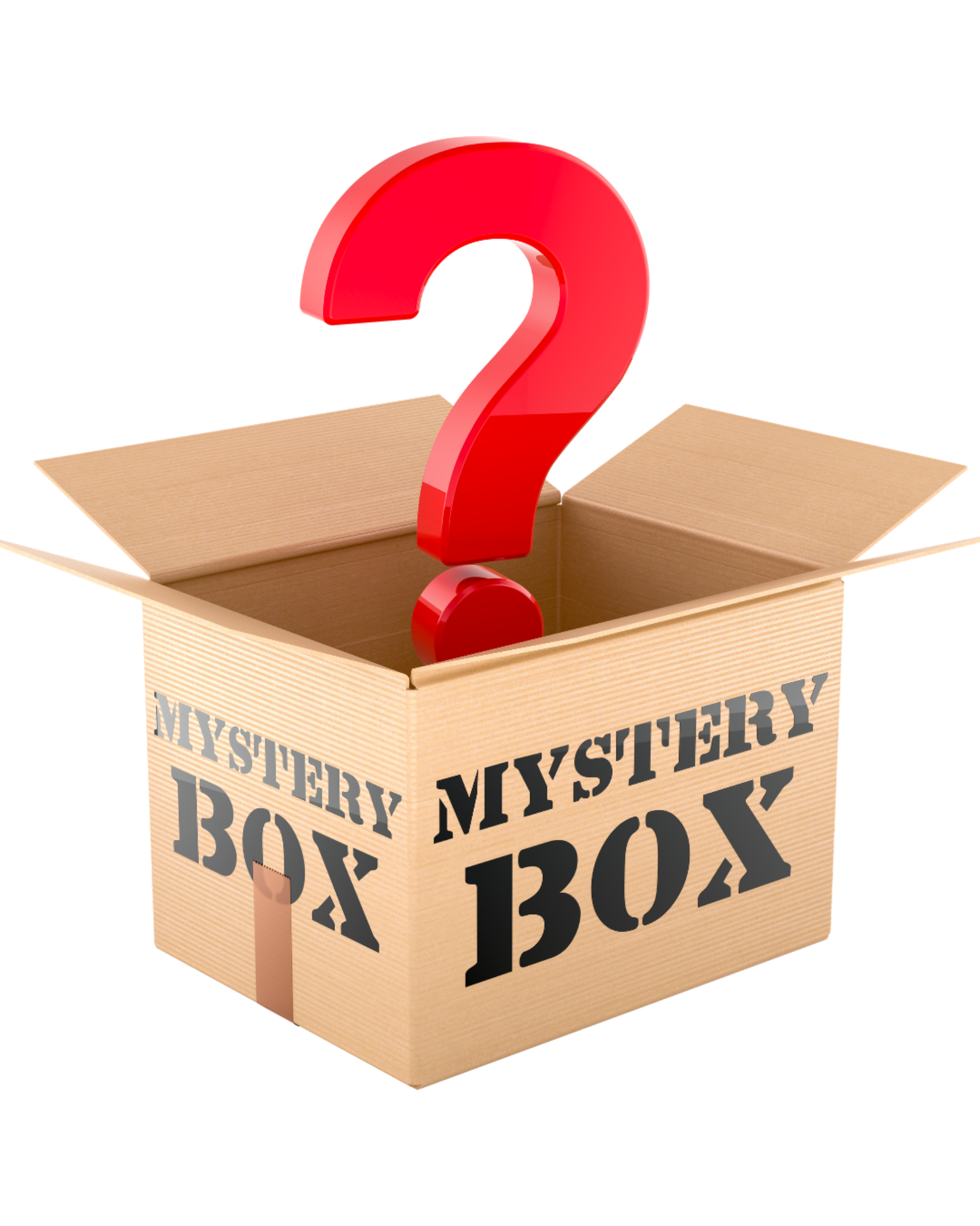 A brown cardboard mystery box with 'MYSTERY BOX' printed in black on the front, featuring a large red 3D question mark emerging from the open box on a white background.